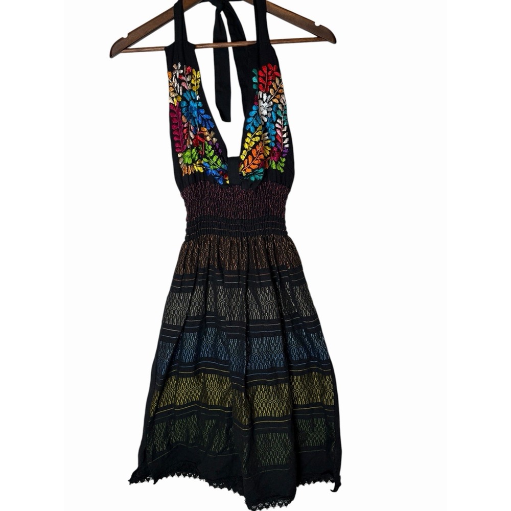 Artesania Mexican Embroidered Halter Dress Black Floral Smocked Boho One Size